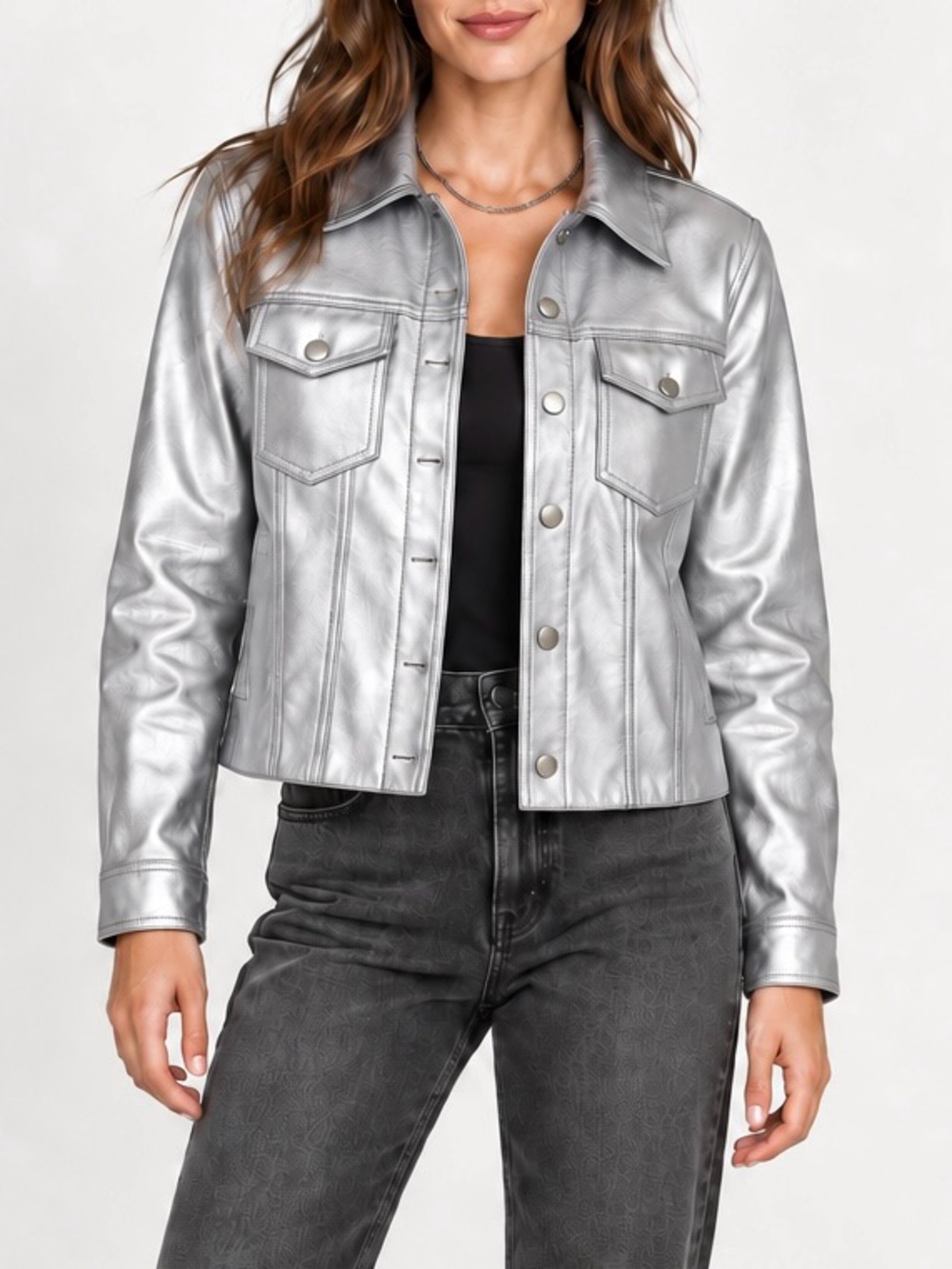Kenneth Cole NWT Metallic Silver Faux Leather Trucker Jacket M